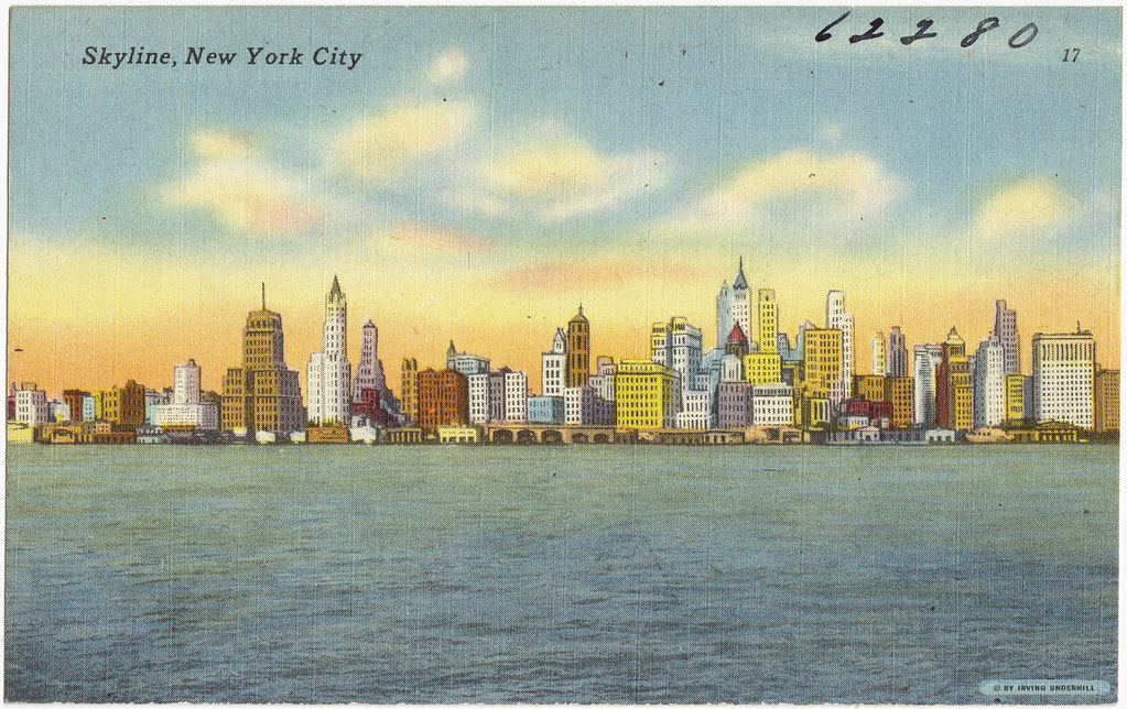 Vintage postcard: the New York City skyline at sunset across the water